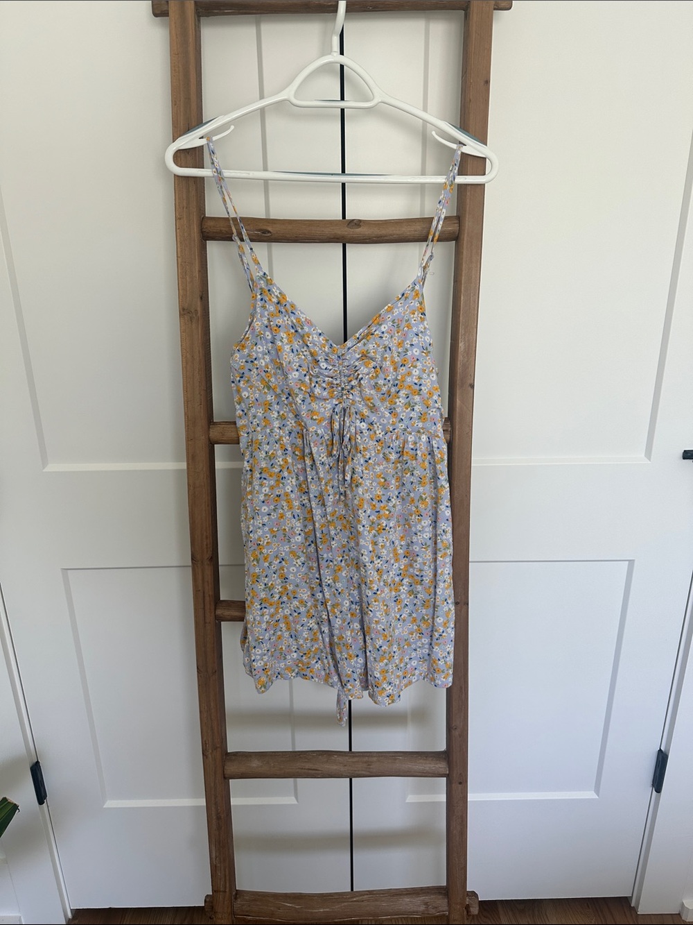 Floral Spaghetti-Strap Romper in Light Blue and Yellow
